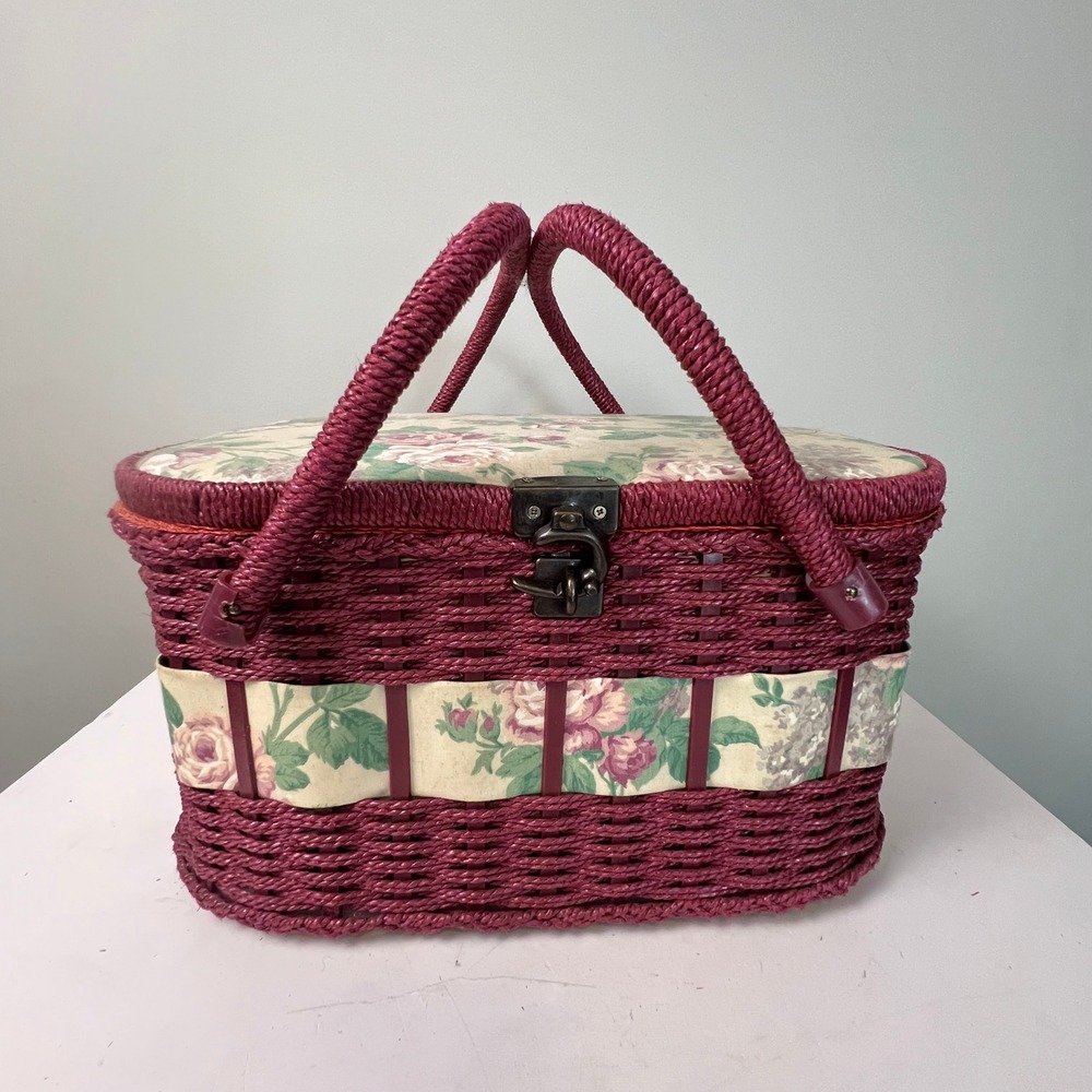 Vintage Sewing Basket Wicker Floral Burgundy Large Woven Craft Storage Organizer
